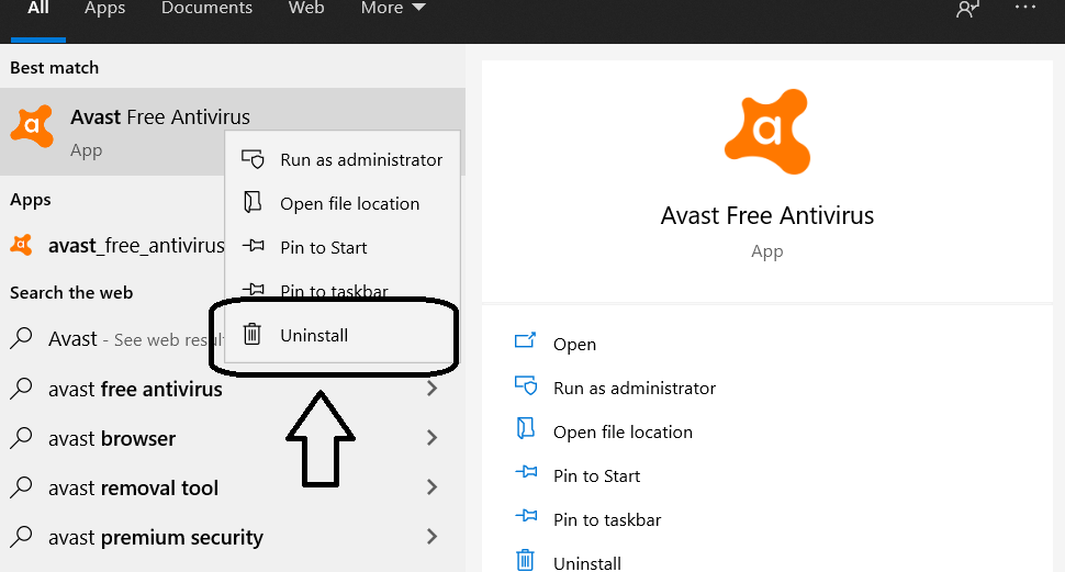 Uninstall Avast antivirus windows 10